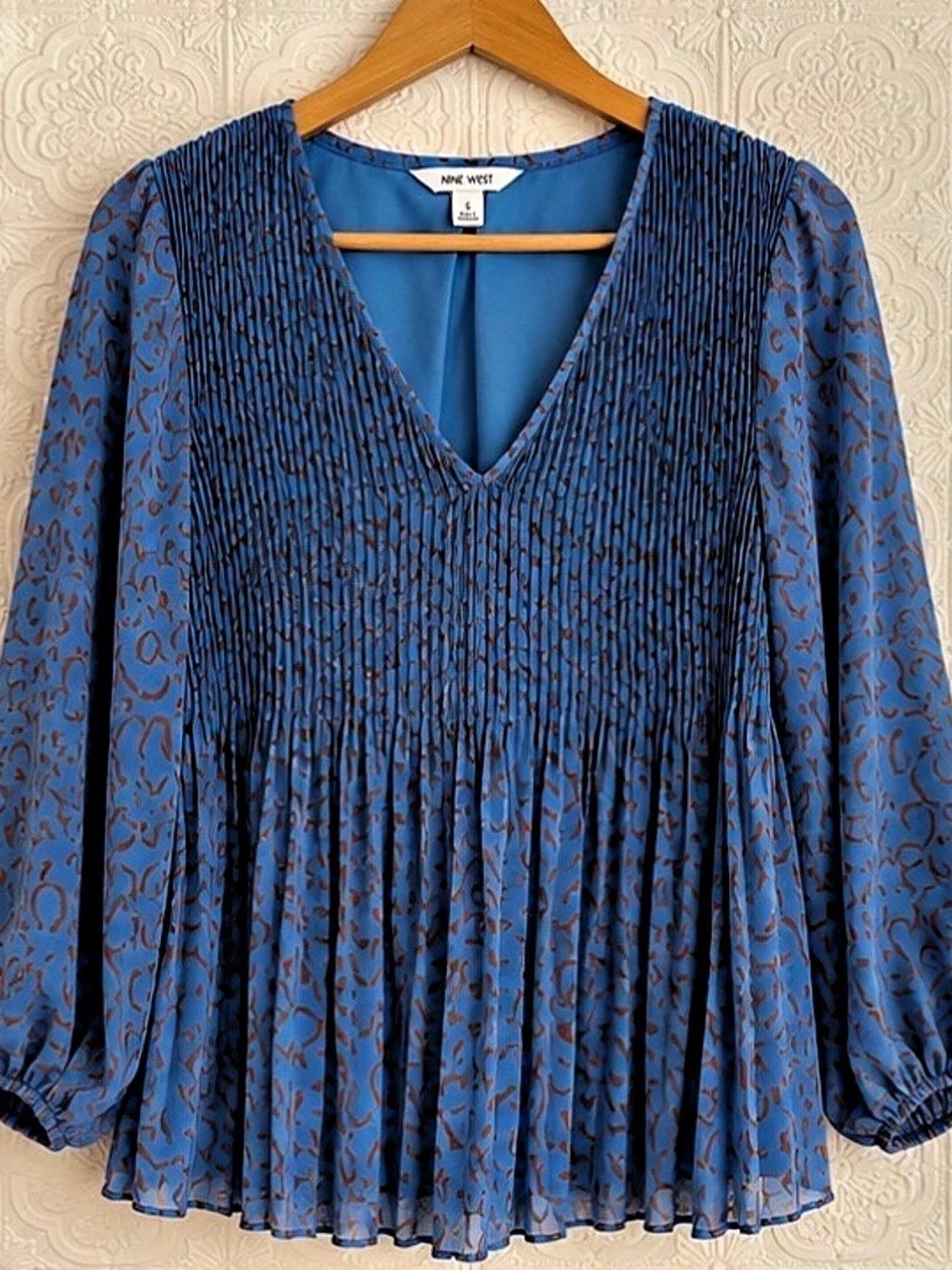 Nine West Blue Abstract Print Balloon Sleeve Blouse S NWT